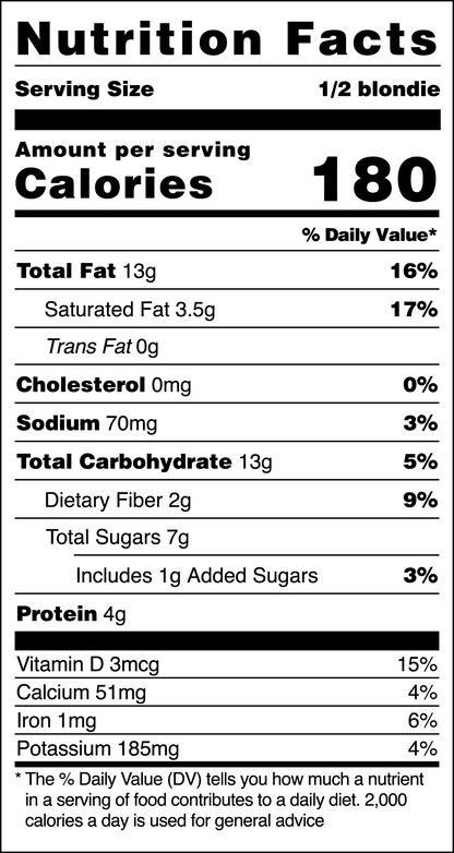 Nowhere Bakery Blondie Nutritional Facts