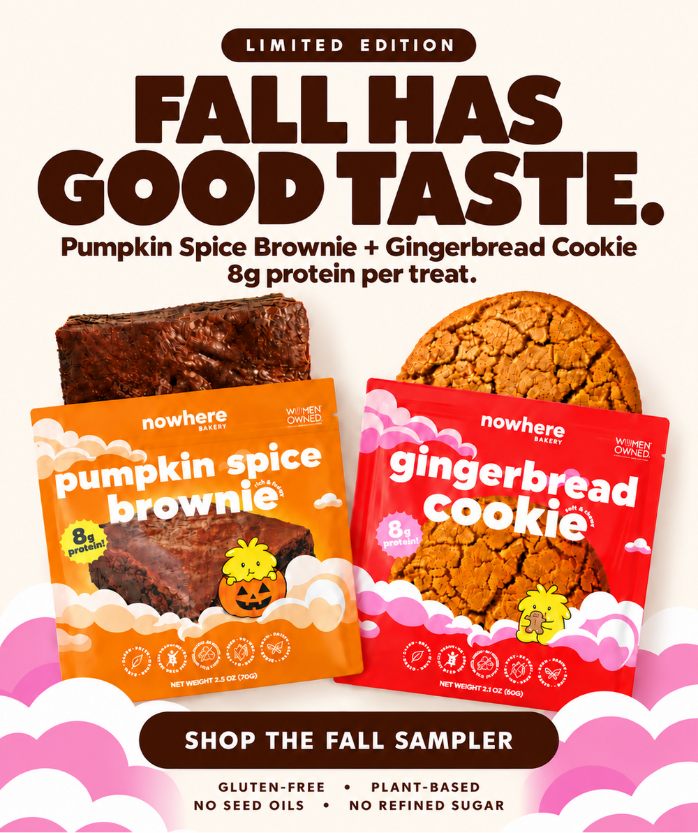 Promotional graphic for the Nowhere Fall Sampler featuring pumpkin spice brownie and gingerbread cookie packs. The image includes large marketing text reading 'FALL HAS GOOD TASTE.