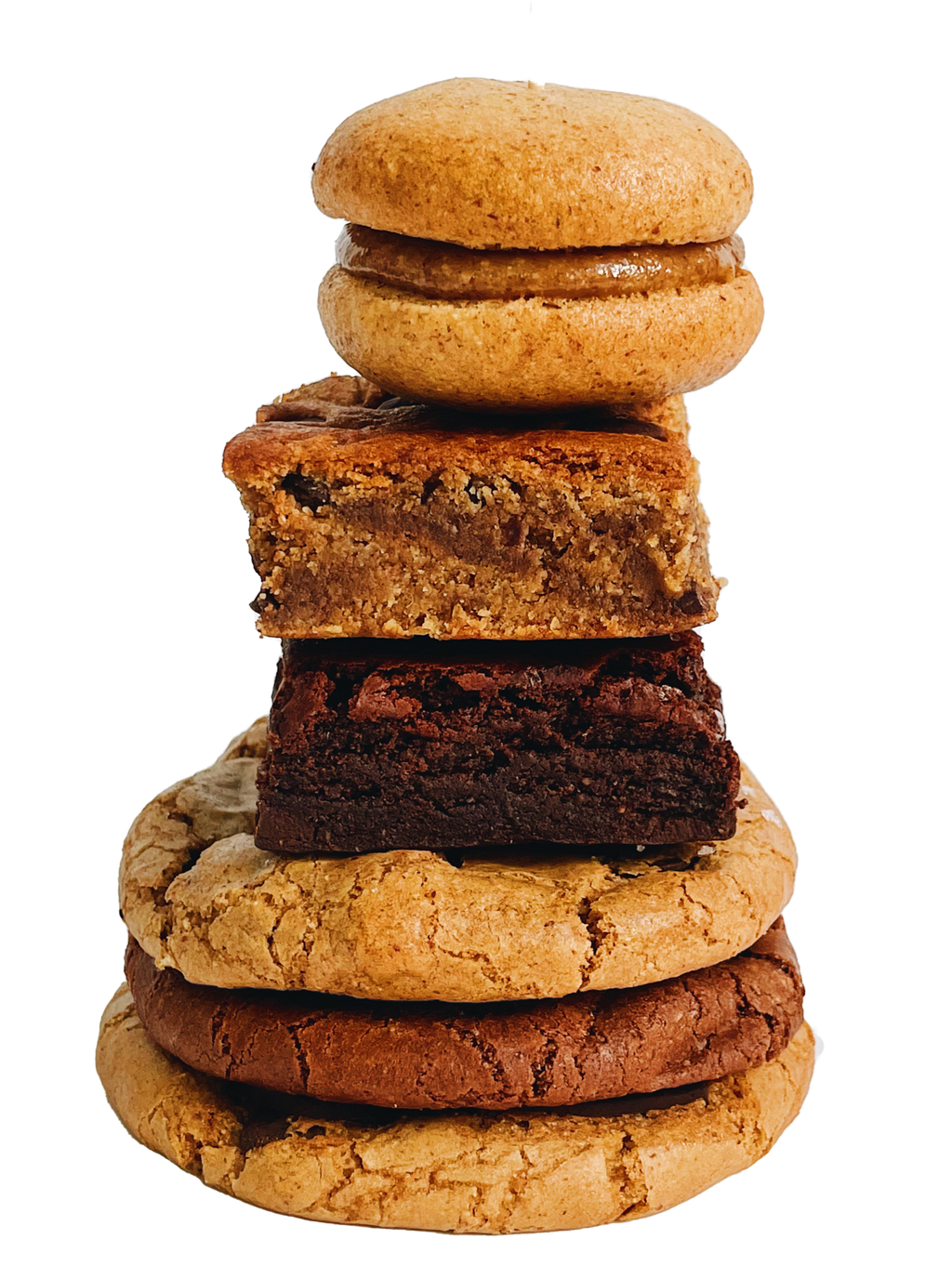 Nowhere Bakery Mini Sampler:  1 Chocolate Chip Cookie, 1 Double Chocolate Chip Cookie, 1 ABC, 1 Brownie, 1 Blondie, 1 Chocolate Chip Haze Cookie