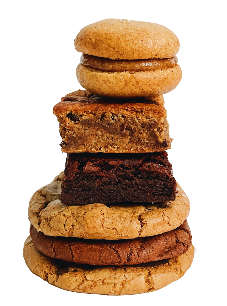 Nowhere Bakery Mini Sampler:  1 Chocolate Chip Cookie, 1 Double Chocolate Chip Cookie, 1 ABC, 1 Brownie, 1 Blondie, 1 Chocolate Chip Haze Cookie